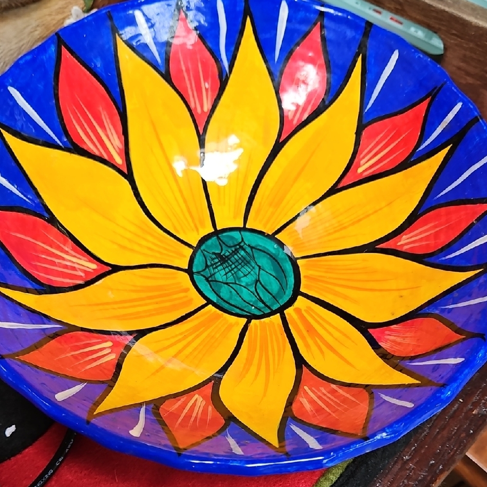 Large Hand-Painted Ceramic Sunflower Wall Bowl - Yellow Blue Red